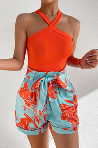 Thumbnail for Halter Neck Sleeveless Top and Printed Tie Waist Pants Set - Beach or Everyday - 2 PCS. - T - 1 COLOR -