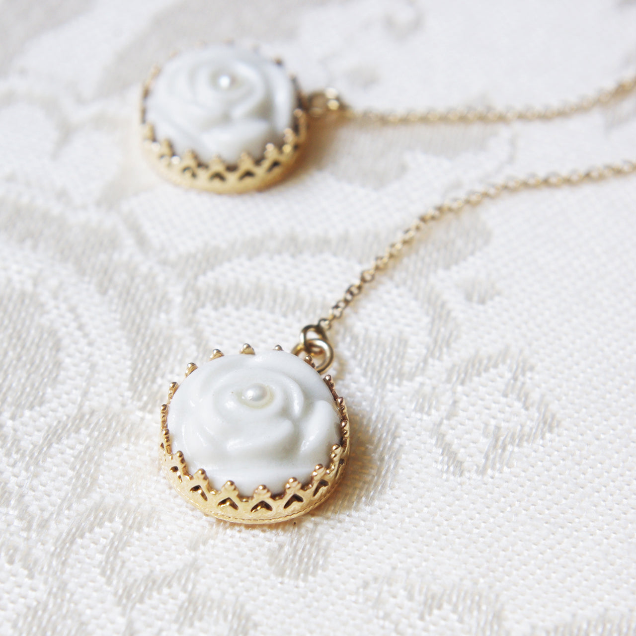 Porcelain Rose With Pearl Gold-Filled Chain Earrings -