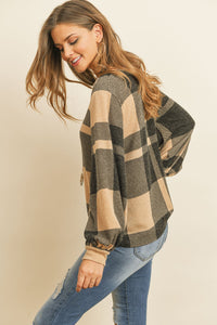 Thumbnail for Riah Fashion - Boat Neck Puff Sleeves Plaid Top - 3 COLORS -