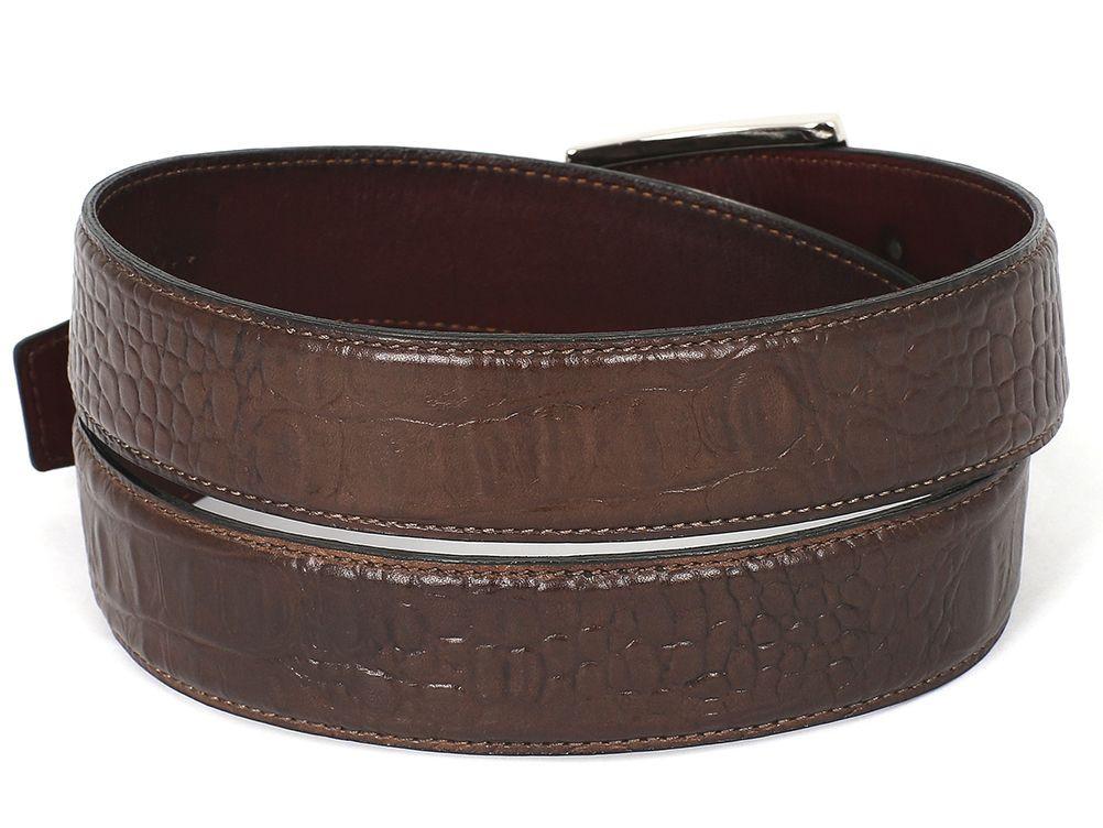 PAUL PARKMAN - Men's Crocodile Embossed Calfskin Leather Belt Hand-Painted Brown -