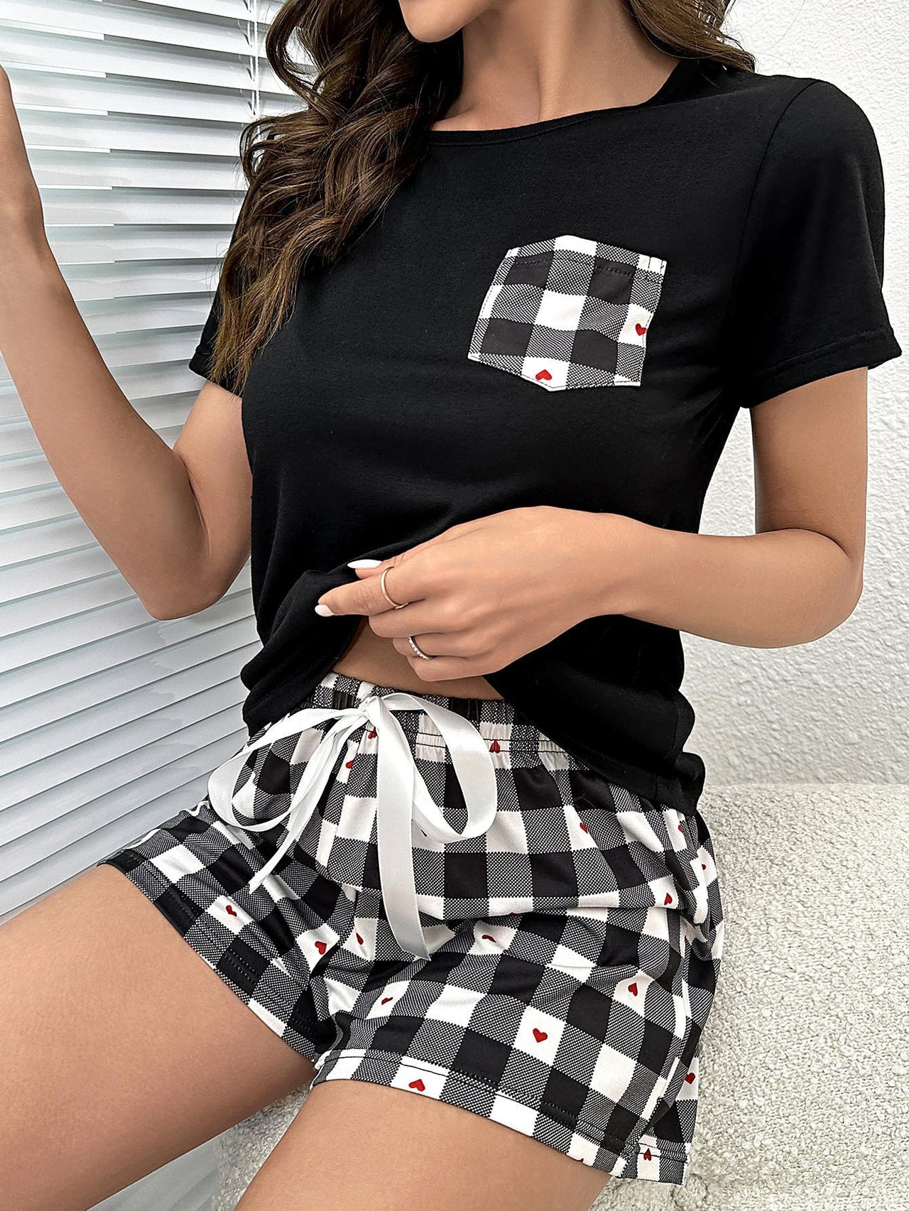 Plaid Heart Top and Shorts Lounge Set - 2 PCS. - T - 1 COLOR -