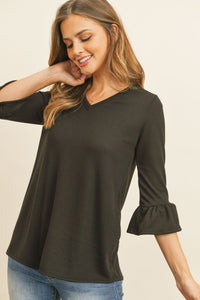 Thumbnail for Riah Fashion - Solid Bell Sleeve V-Neck Top - 5 COLORS -