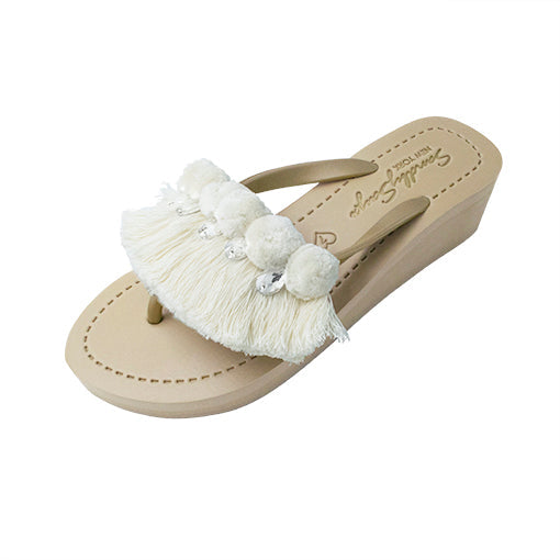 SAND BY SAYA N.Y. - White Pom Pom Fringe - Women's Mid Wedge Flip Flops - 2 COLORS -