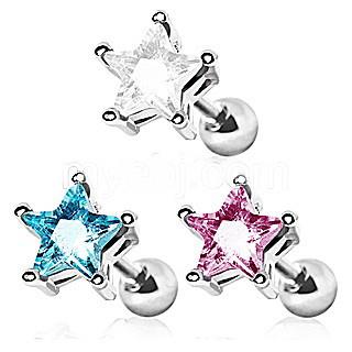 Surgical Steel Star CZ Stud Cartilage Earring - 3 COLORS -