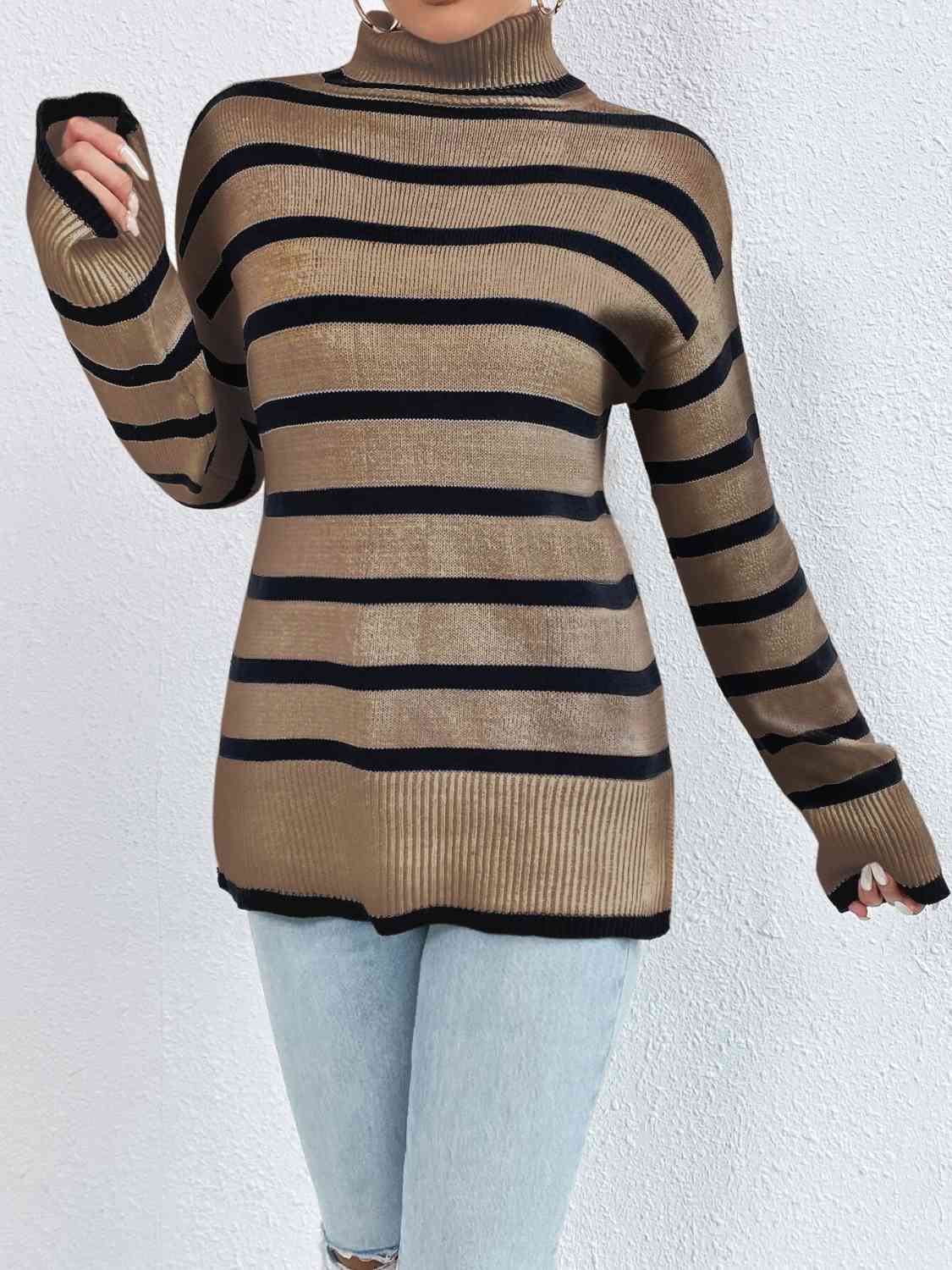 Striped Turtleneck Drop Shoulder Sweater - T - 3 COLORS -