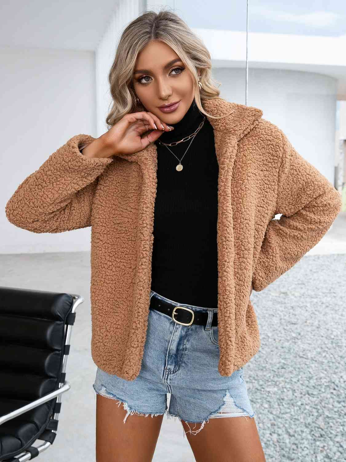 Collared Neck Open Front Faux Fur Jacket - T - 1 COLOR -