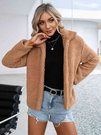 Thumbnail for Collared Neck Open Front Faux Fur Jacket - T - 1 COLOR -