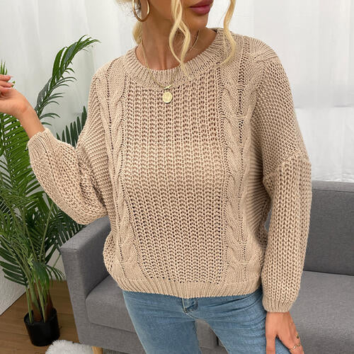 Openwork Round Neck Dropped Shoulder Sweater - T - 1 COLOR -