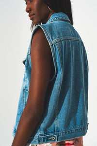 Thumbnail for Q2 - Cotton Sleeveless Denim Jacket in 70s Blue - 1 COLOR -