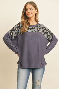 Thumbnail for Riah Fashion - Long Sleeve Leopard Contrast Hacci Brushed Top - 3 COLORS -