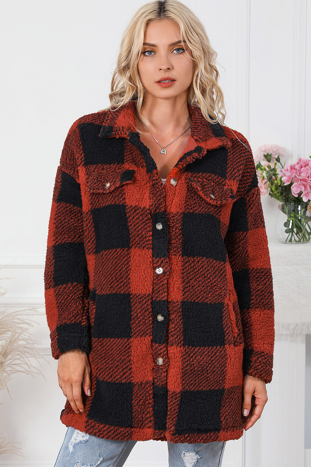 Plaid Button Down Coat with Pockets - T - 2 COLORS -