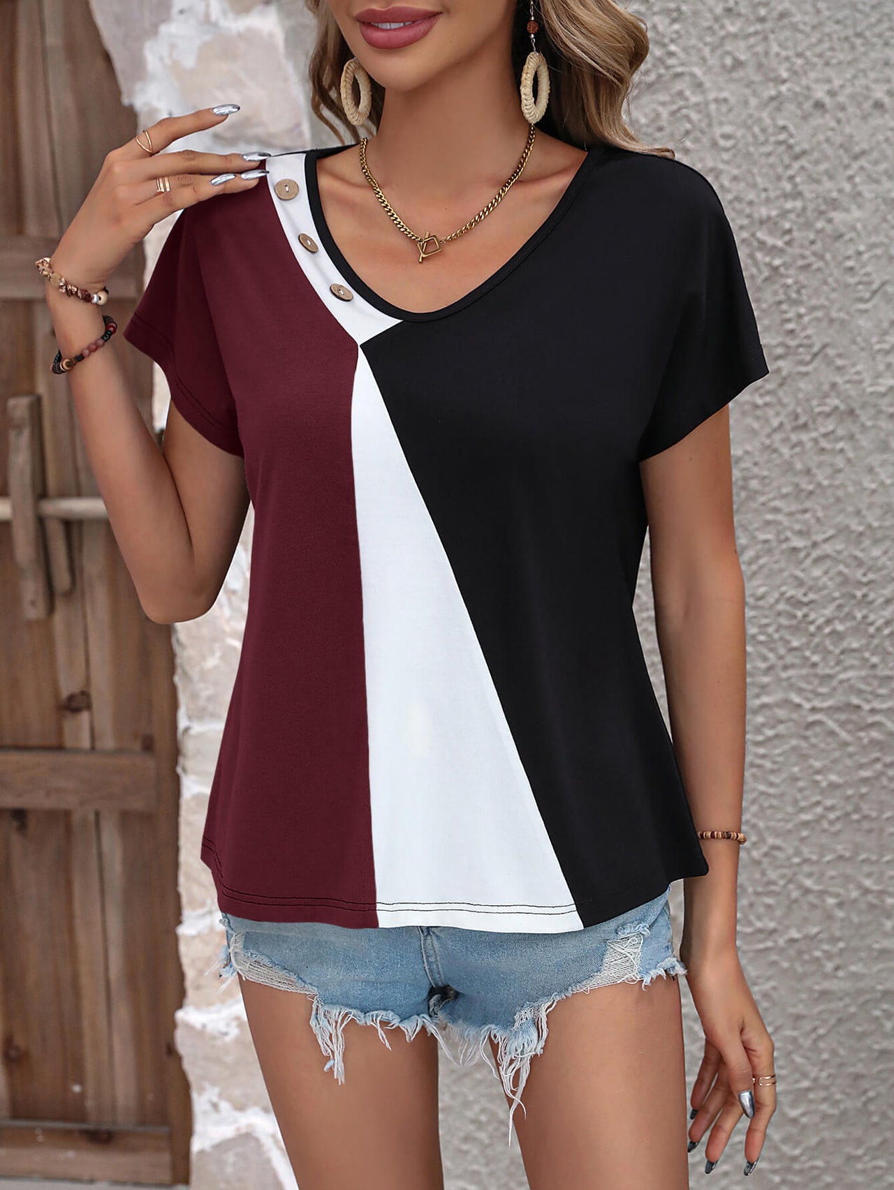 Color Block Decorative Button V-Neck Tee - T - 3 COLORS -