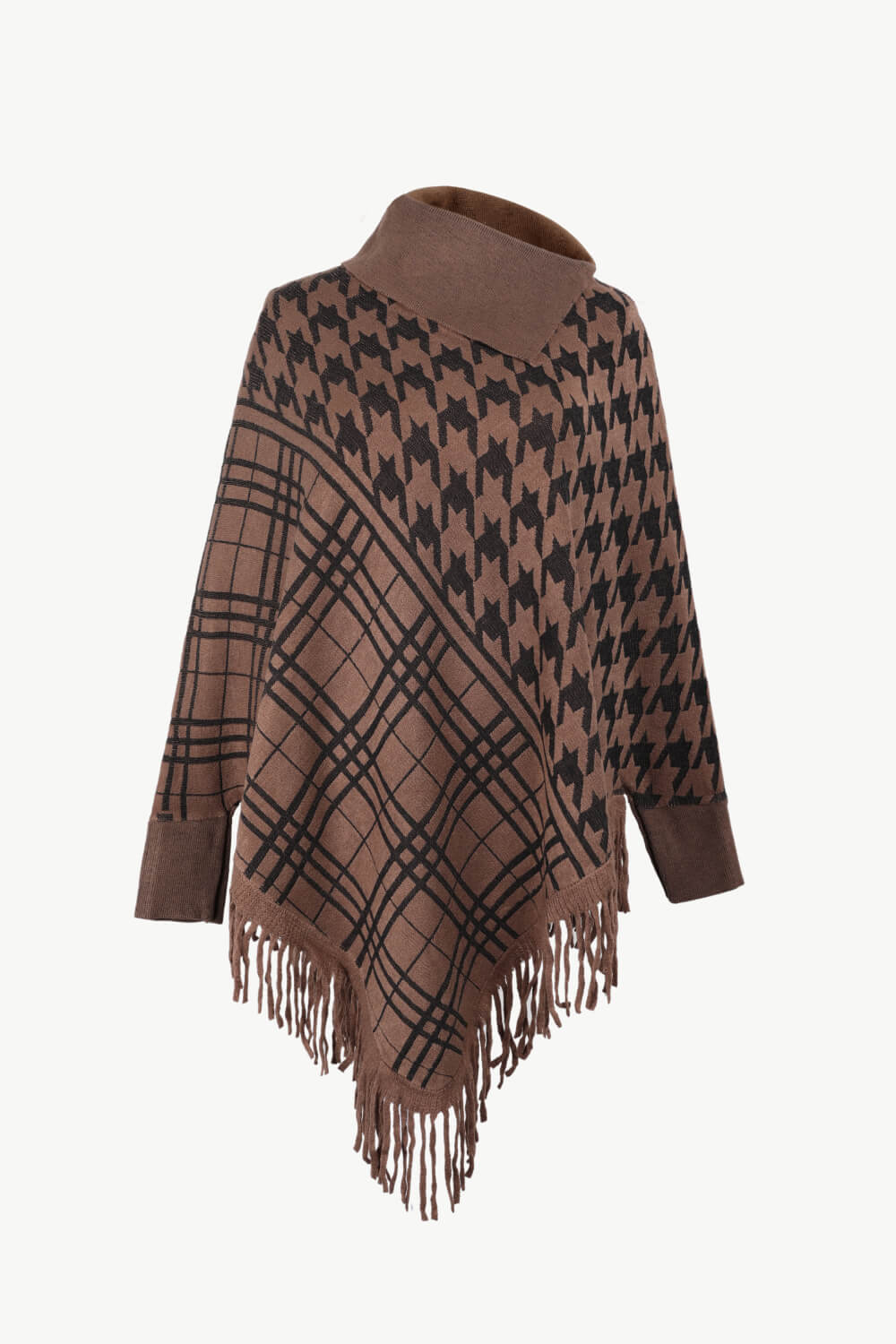 Houndstooth Turtleneck Fringe Hem Poncho - T - 5 COLORS -