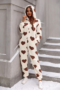 Thumbnail for Fuzzy Heart Zip Up Hooded Lounge Jumpsuit - T - 3 COLORS -