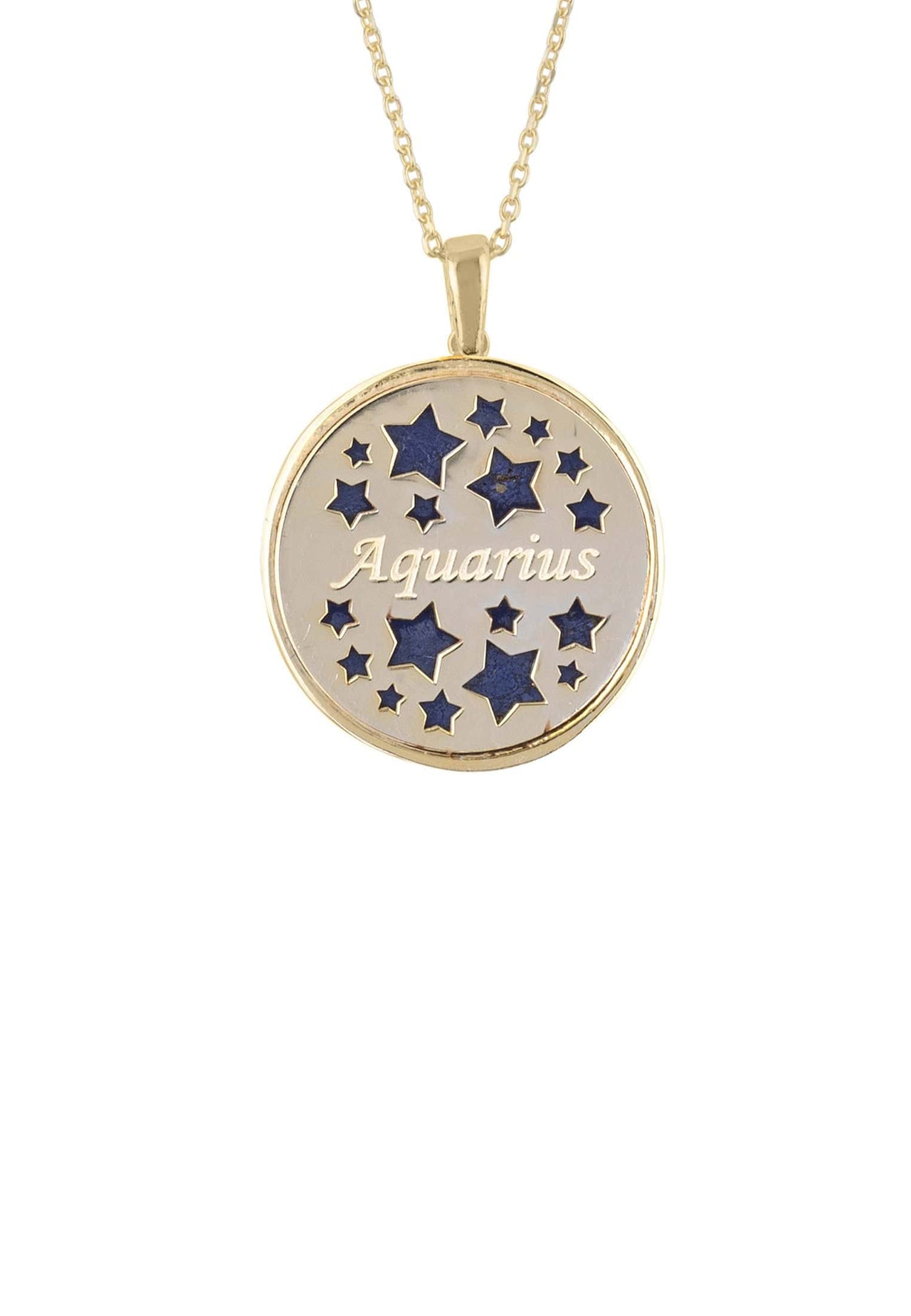 Zodiac Lapis Lazuli Gemstone Star Constellation Pendant Necklace Gold Aquarius -