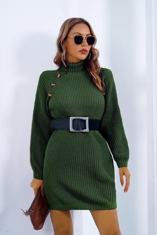 Buttoned Turtleneck Long Sleeve Sweater Dress - T - 3 COLORS -