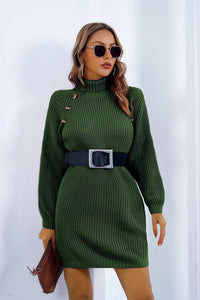 Thumbnail for Buttoned Turtleneck Long Sleeve Sweater Dress - T - 3 COLORS -