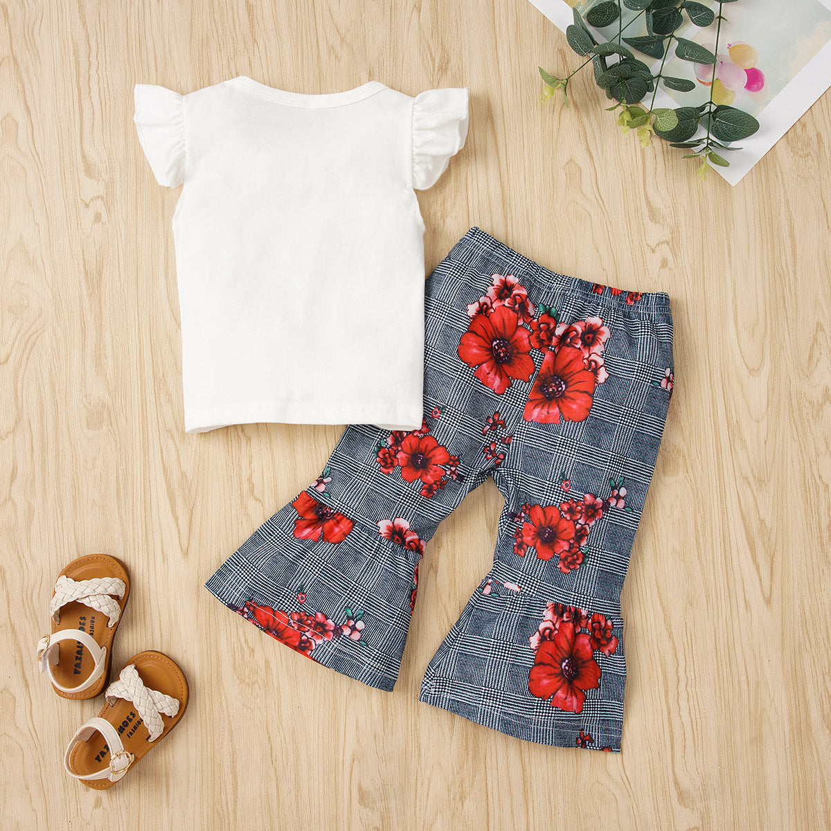 Graphic Tie Hem Top and Floral Flare Pants Set - 2 PCS. - T - 2 SHIRT COLORS -