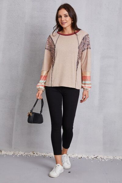 Contrast Stitching Leopard Long Sleeve Blouse - T - 1 COLOR -