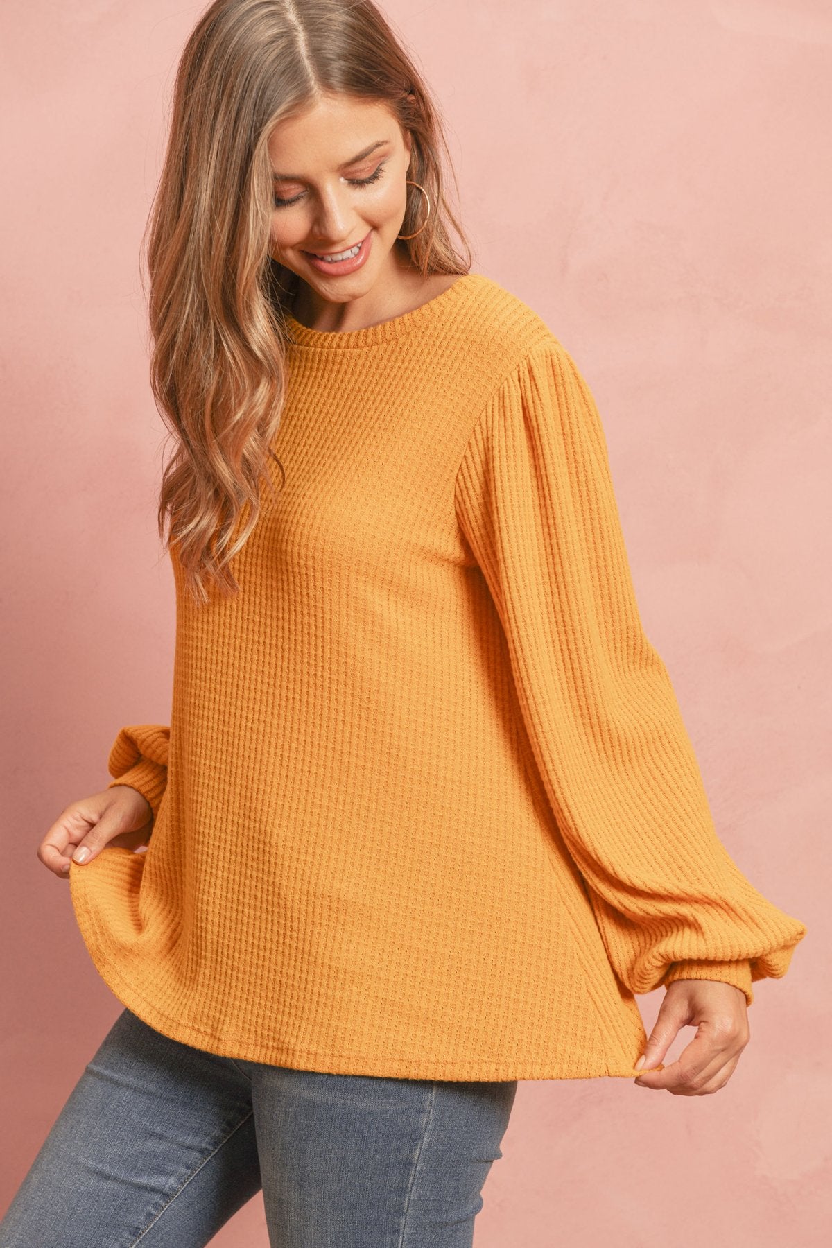 Riah Fashion - Puff Sleeved Waffle Top - 9 COLORS -