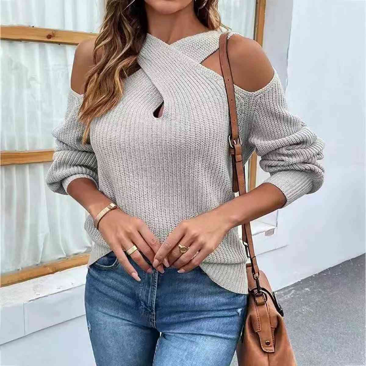 Crisscross Cold-Shoulder Sweater - T - 4 COLORS -