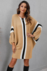 Thumbnail for Ribbed Round Neck Long Sleeve Sweater Dress - T - 4 COLORS -