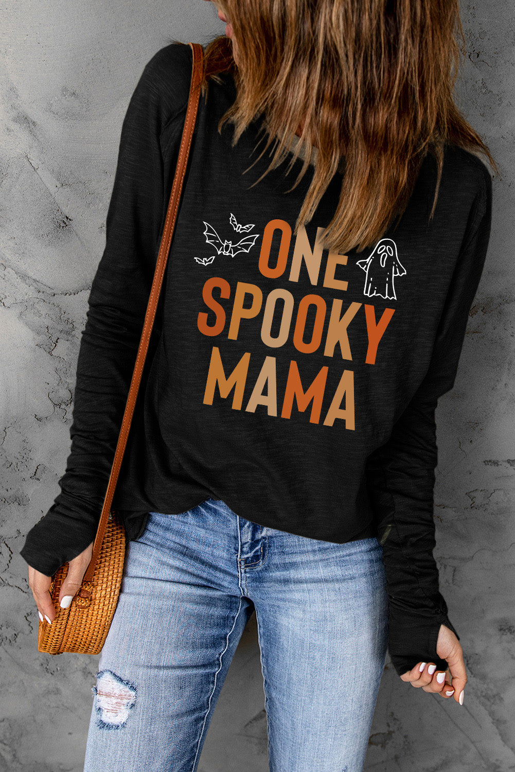 Round Neck Long Sleeve - ONE SPOOKY MAMA - Graphic T-Shirt - T - 1 COLOR -