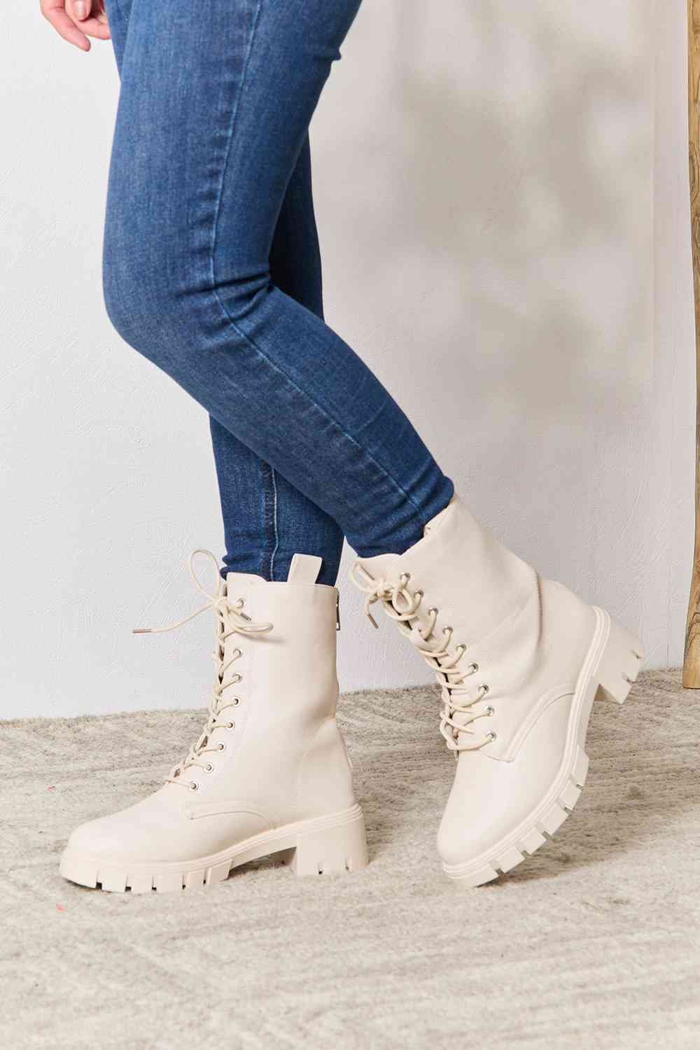 Faux Suede Zip Back Lace-up Front Combat Boots - T - 1 COLOR -