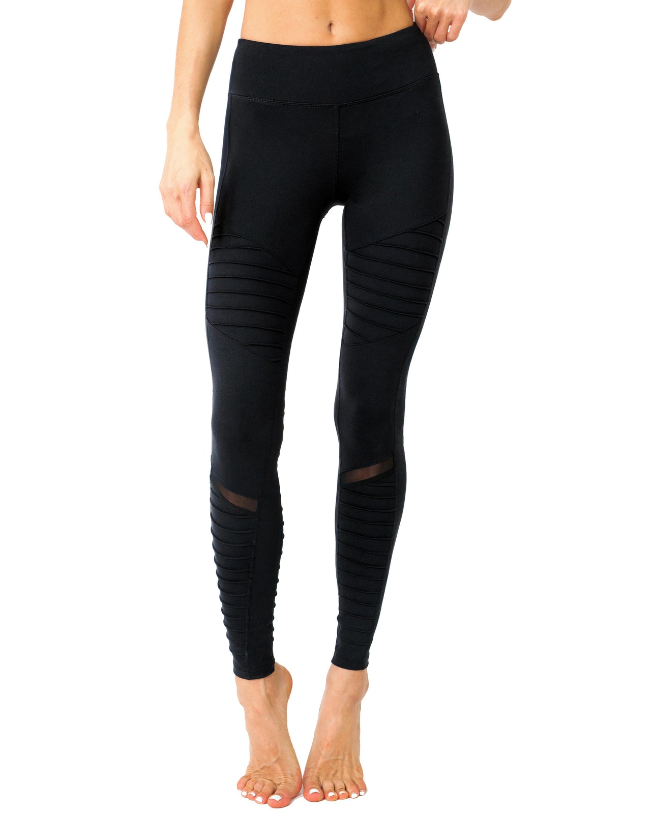 Savoy - Athletique Low-Waisted Ribbed Leggings With Hidden Pocket and Mesh Panels - Black - 1 COLOR -