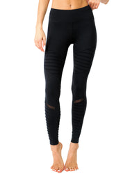 Thumbnail for Savoy - Athletique Low-Waisted Ribbed Leggings With Hidden Pocket and Mesh Panels - Black - 1 COLOR -