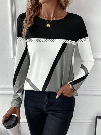 Contrast Round Neck Long Sleeve T-Shirt - T - 4 COLORS -