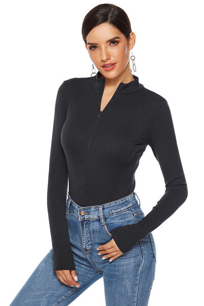 Full Size Ribbed Half Zip Long Sleeve Bodysuit - T - 4 COLORS -