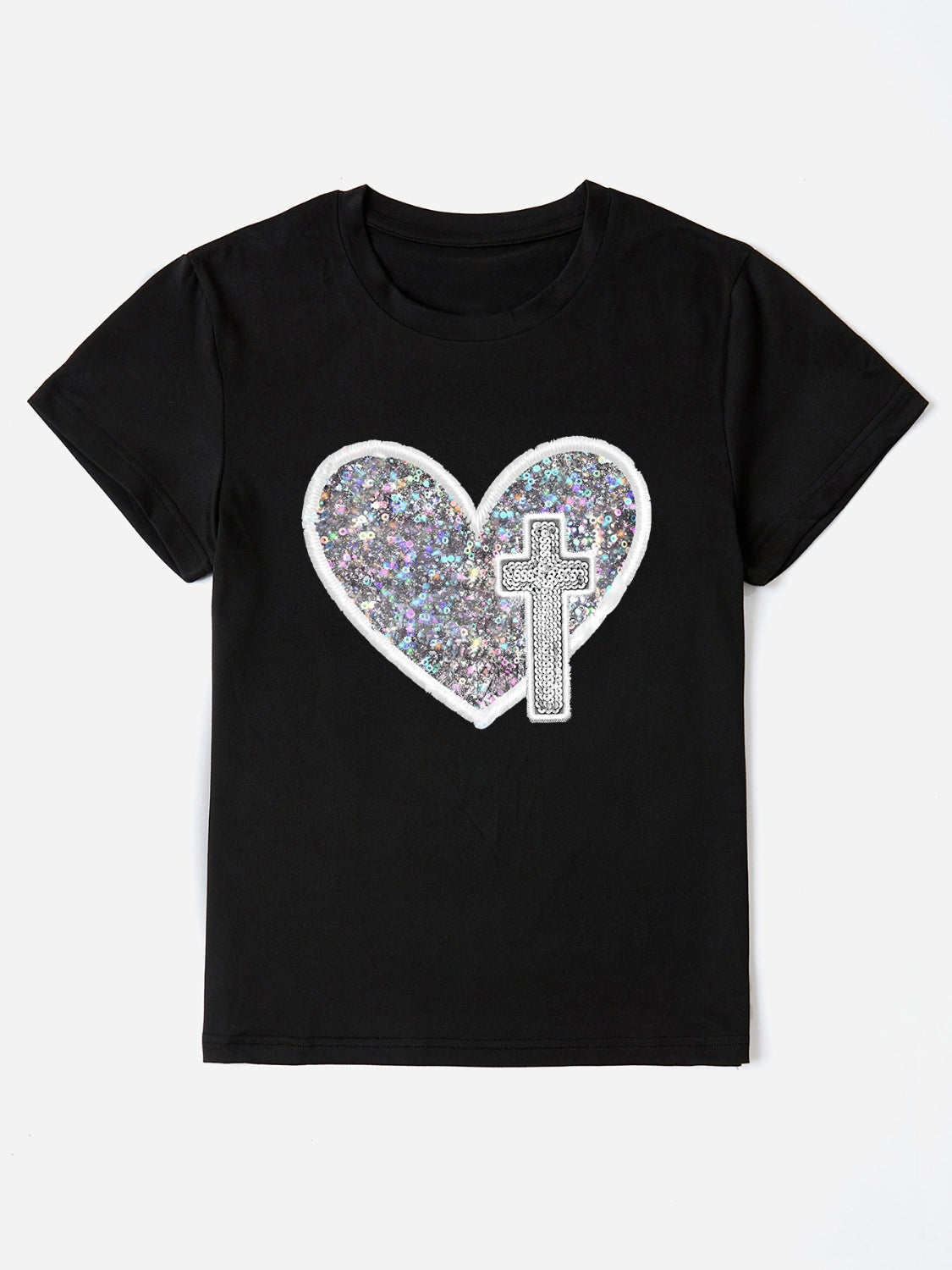 Sequin Heart Round Neck Short Sleeve T-Shirt - T - 7 COLORS -