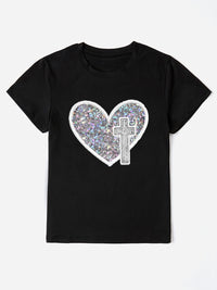 Thumbnail for Sequin Heart Round Neck Short Sleeve T-Shirt - T - 7 COLORS -