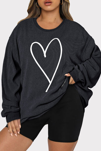 Plus Size Heart Ribbed Round Neck Sweatshirt - SIZES 1XL THRU 3XL - T - 3 COLORS -