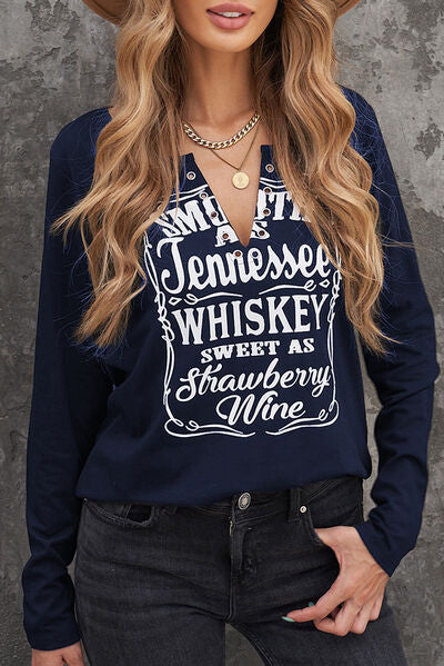 Letter Graphic Notched Long Sleeve T-Shirt - T - 1 COLOR -