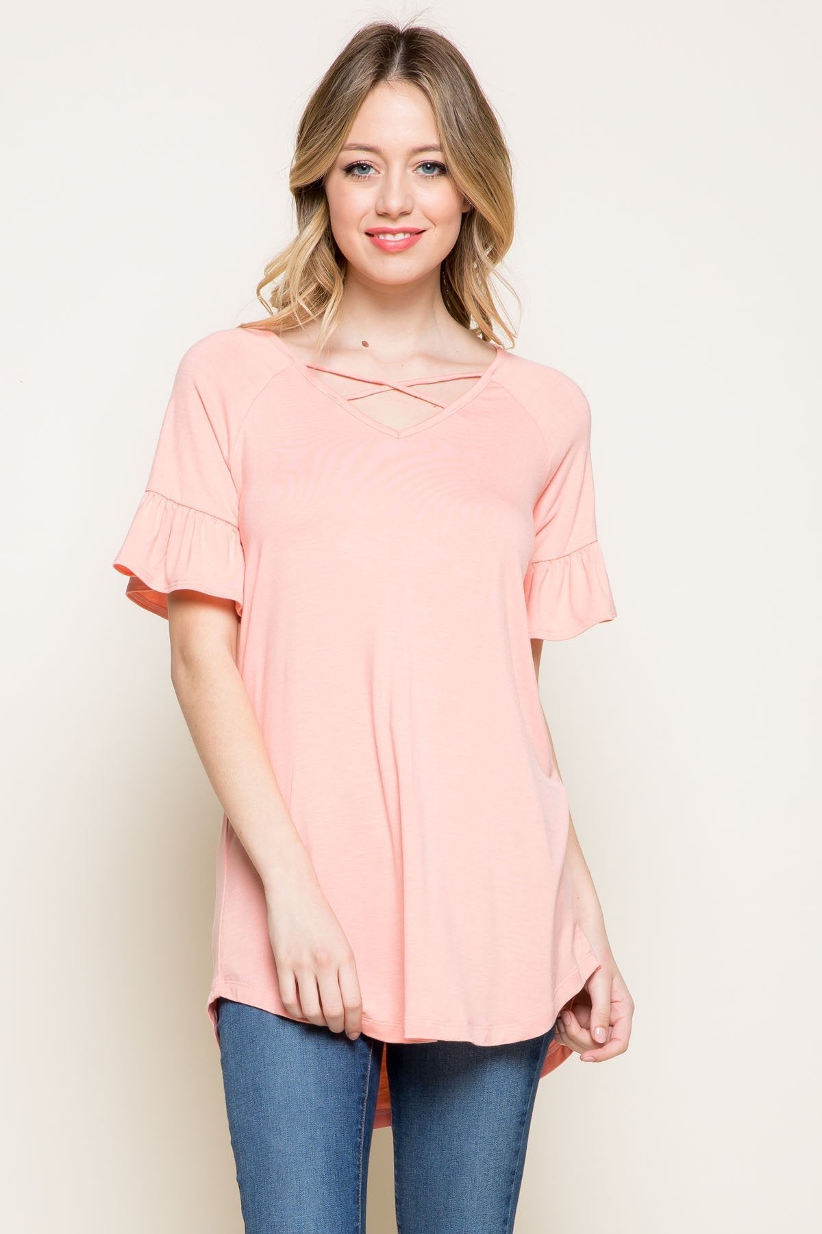 Ruffle Sleeve Criss Cross Tunic - 8 COLORS -