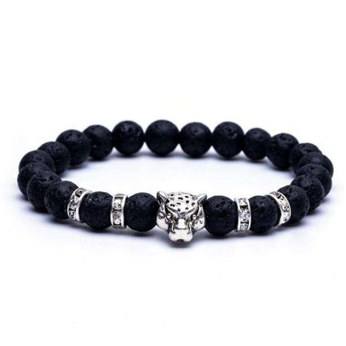 Silver Onyx Stone Leopard and Lava Stone Beads Men's Bracelet -