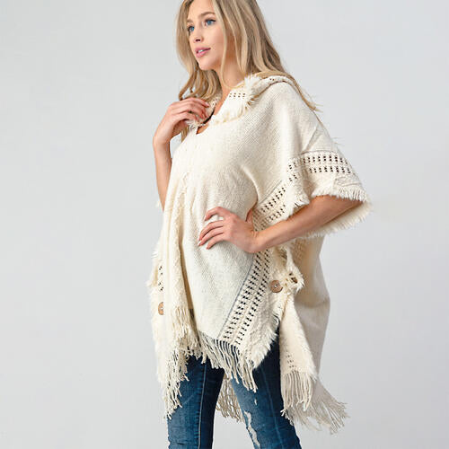 Fringed Crochet Buttoned Hooded Poncho - T - 1 COLOR -