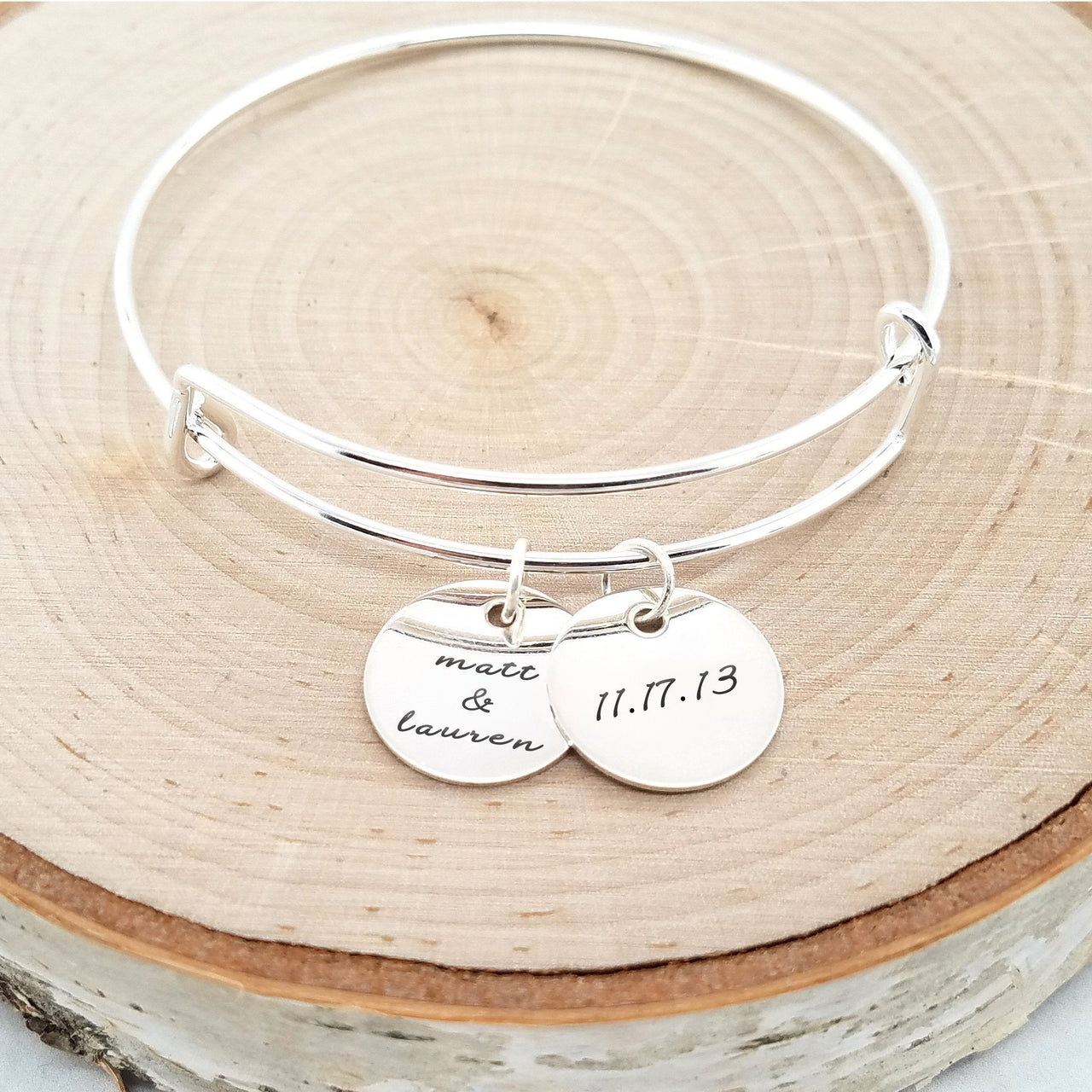 Personalized Silver Bangle - Anniversary Bracelet -