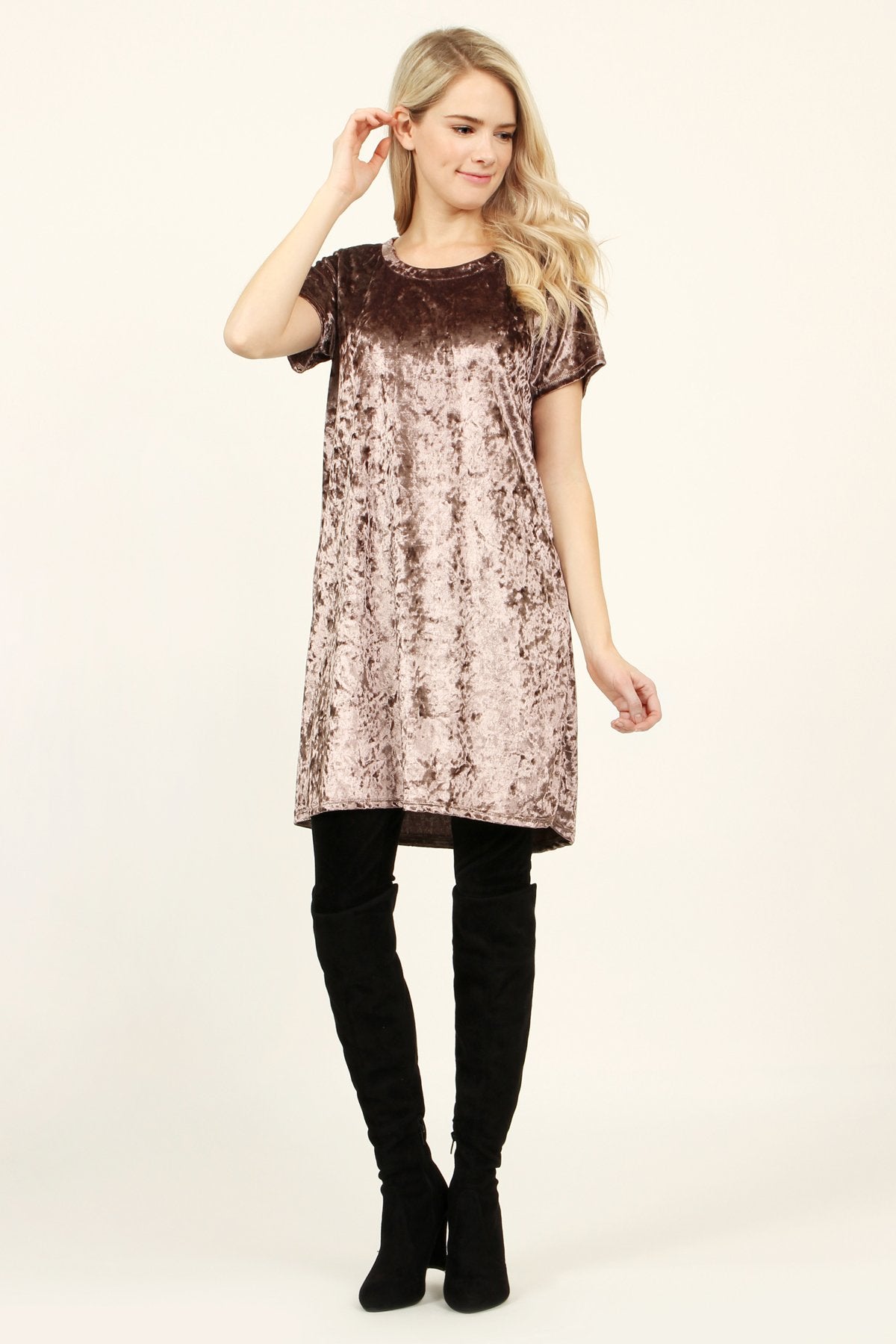 Riah Fashion - Short Sleeve Crushed Velvet Tunic Dress - 11 COLORS -