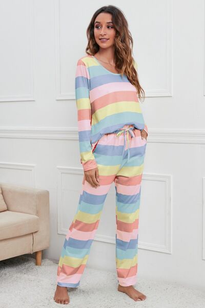 Striped Round Neck Long Sleeve Top and Drawstring Pants Lounge Set - 2 PCS. - T - 4 COLORS -