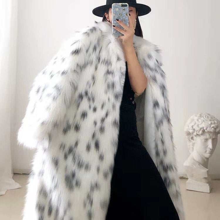 Sharon Tatem - Faux Fox Fur Coat - Casual Snow Leopard Print Fur Jacket - Thick Warm Mid-Long Plush Outer -