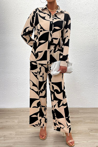 Printed Button Up Shirt and Pants Set - 2 PCS. - T - 1 COLOR -