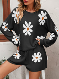 Thumbnail for Floral Print Raglan Sleeve Knit Top and Tie Front Sweater Shorts Set - K - 4 COLORS -