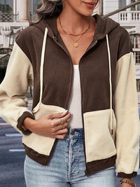 Thumbnail for Two-Tone Zip-Up Dropped Shoulder Hooded Jacket - T - 1 COLOR -