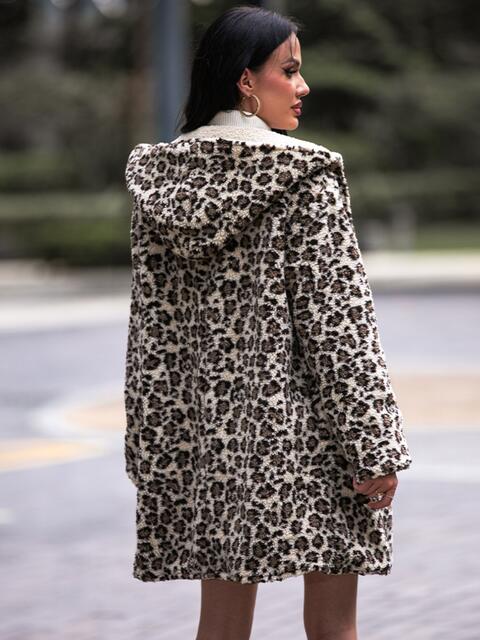 Faux Leopard Print Hooded Teddy Coat - T - 1 COLOR -