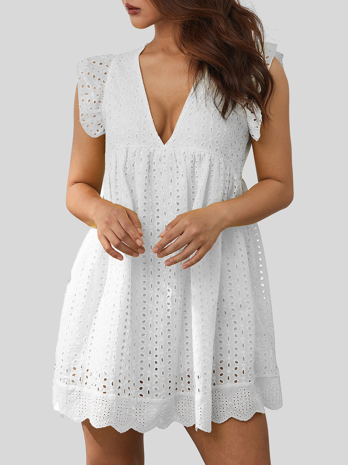 Ruffled Eyelet Cap Sleeve Mini Dress - Beach or Everyday - T - 7 COLORS -