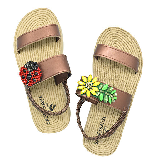 SAND BY SAYA N.Y. - Ladybug and Daisy- Waterproof Espadrille Platform Wedge Sandals -Red and Yellow Embellished Motifs - 2 COLORS -