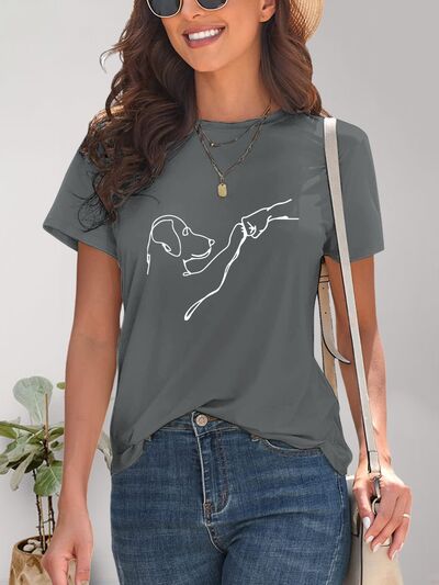 Dog Graphic Round Neck T-Shirt - T - 4 COLORS -